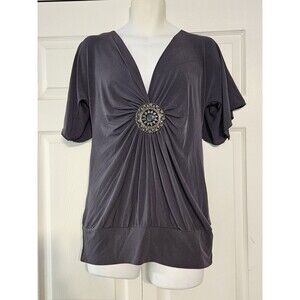 Studio Y Womens Large Gray V-neck Stretchy Gorgeous Embellished Top Y2K Maurices